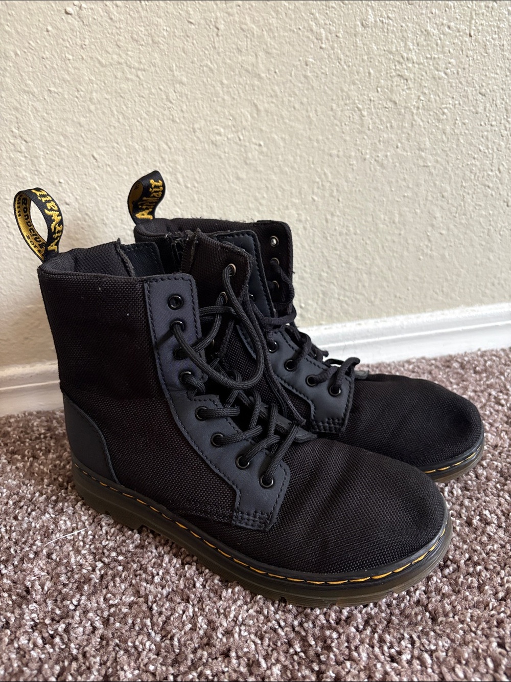 Dr. Martens Black Canvas Lace-Up Utility Boots with Yellow Stitching Kids 4